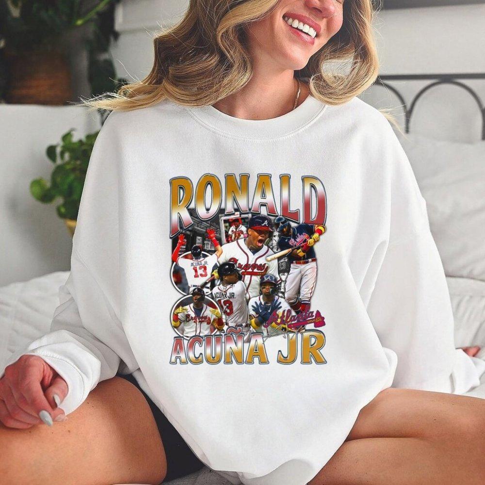 90s White Graphic Ronald Acuna Jr Crewneck Sweatshirt